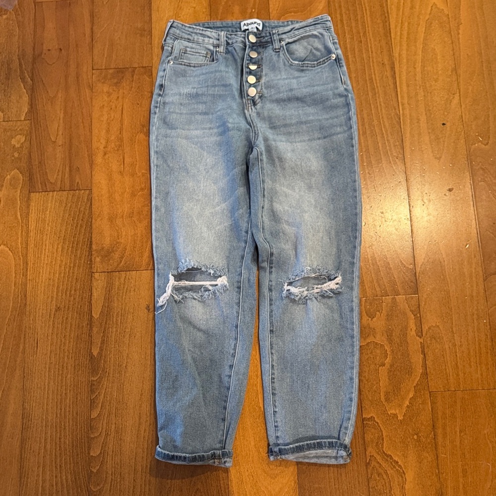 Abound Sky Blue Button-Fly High Rise Distressed Mom‎ Jeans